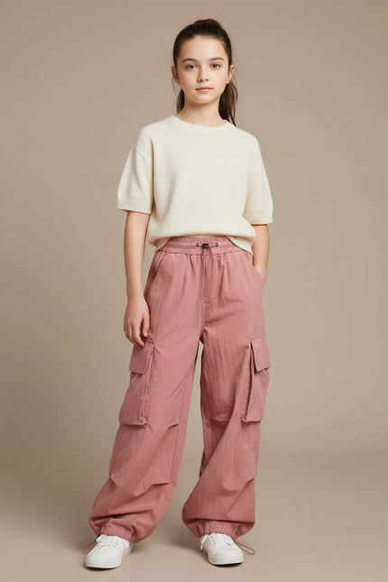 Pantalon Cargo Rose Ample Fluide Poches Latérales - Polyester