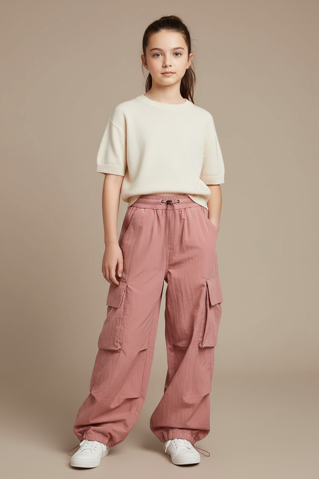 Pantalon Cargo Rose Ample Fluide Poches Latérales - Polyester