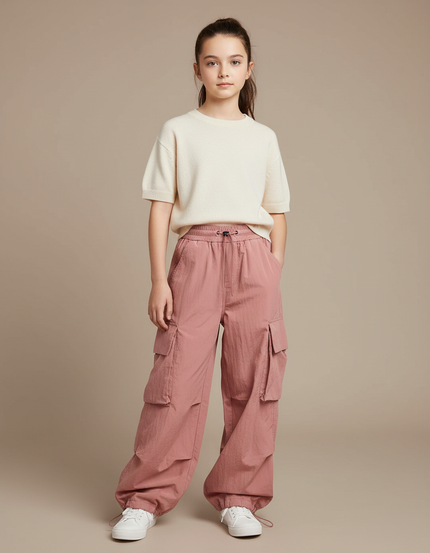 Pantalon Cargo Rose Ample Fluide Poches Latérales - Polyester