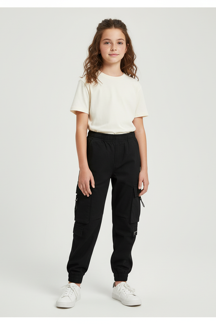 Pantalon Cargo Noir Ample Multipoches Enfant Urbain - Toile