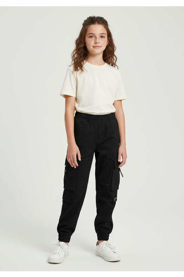 Pantalon Cargo Noir Ample Multipoches Enfant Urbain - Toile