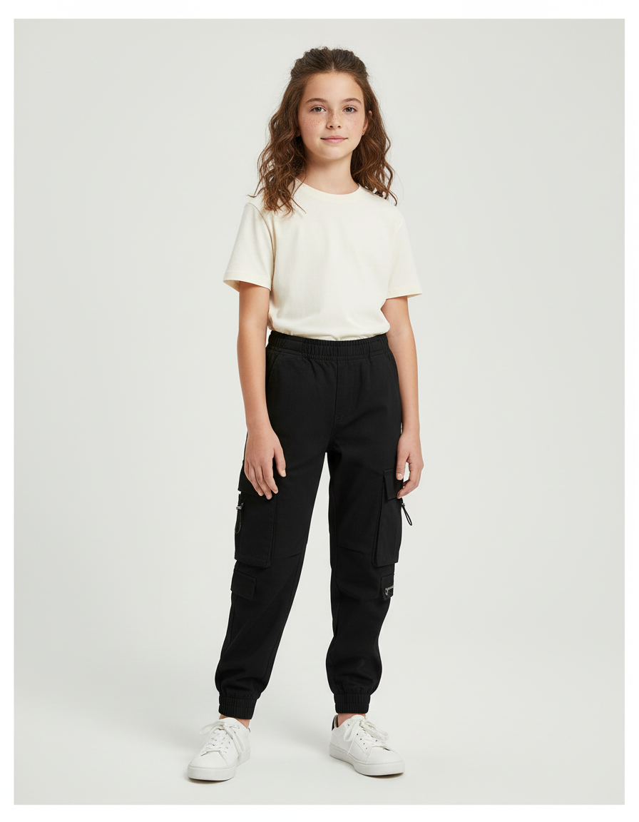 Pantalon Cargo Noir Ample Multipoches Enfant Urbain - Toile