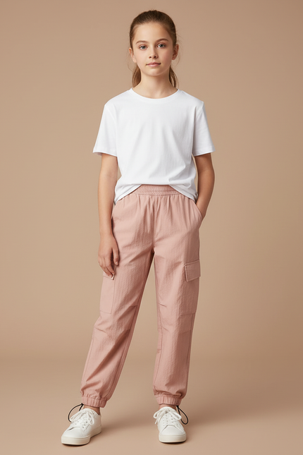 Pantalon Cargo Rose Ample Fille Coton Décontracté - Polyester