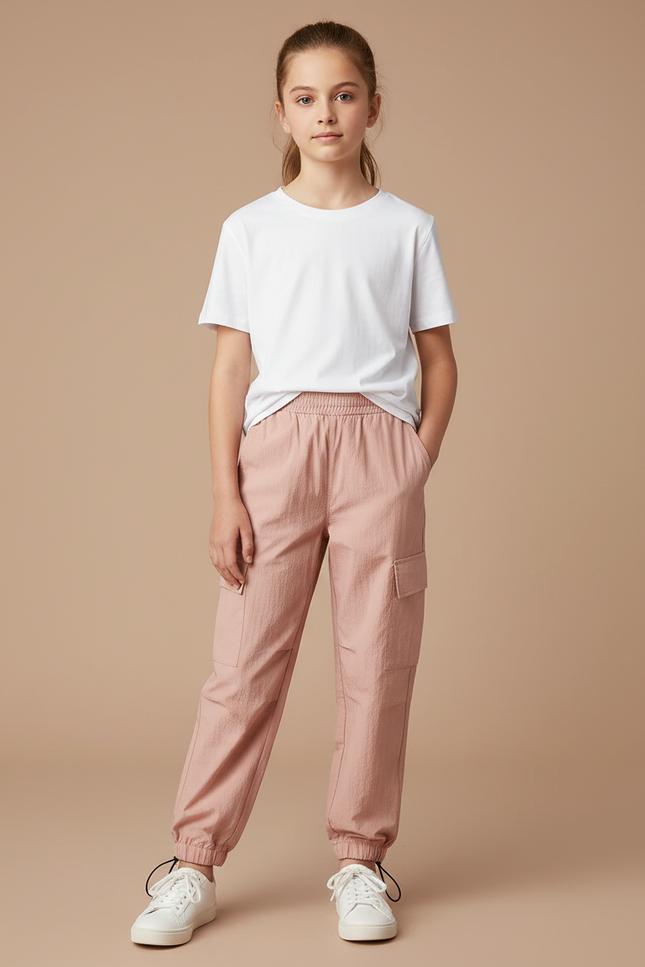 Pantalon Cargo Rose Ample Fille Coton Décontracté - Polyester