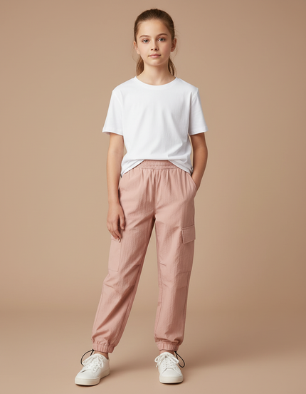 Pantalon Cargo Rose Ample Fille Coton Décontracté - Polyester