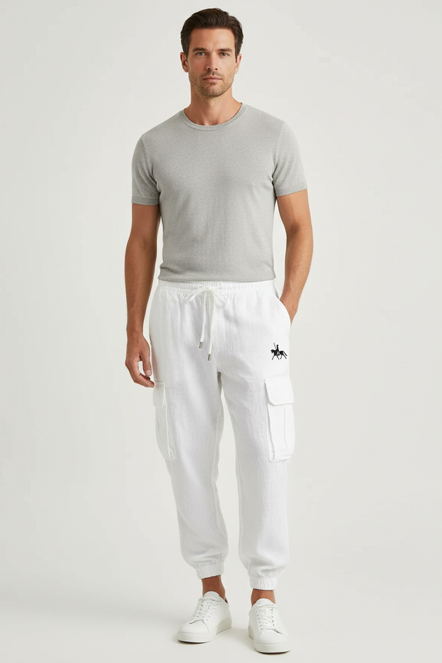 Pantalon Cargo Blanc Lin Coton Multipoches Homme Décontracté