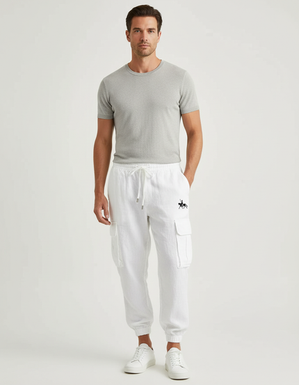 Pantalon Cargo Blanc Lin Coton Multipoches Homme Décontracté
