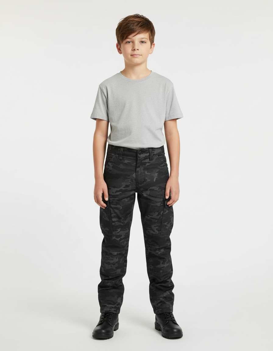 Pantalon Cargo Camouflage Noir Enfant Tactique Résistant - Toile