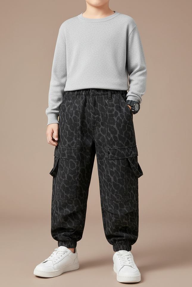 Pantalon Cargo Léopard Gris Ample Enfant Multipoches - Jean