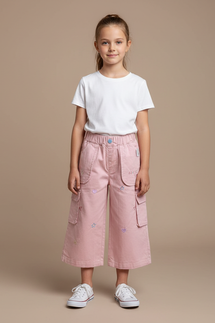 Pantalon Cargo Rose Brodé Ample Fille Enfant - Toile