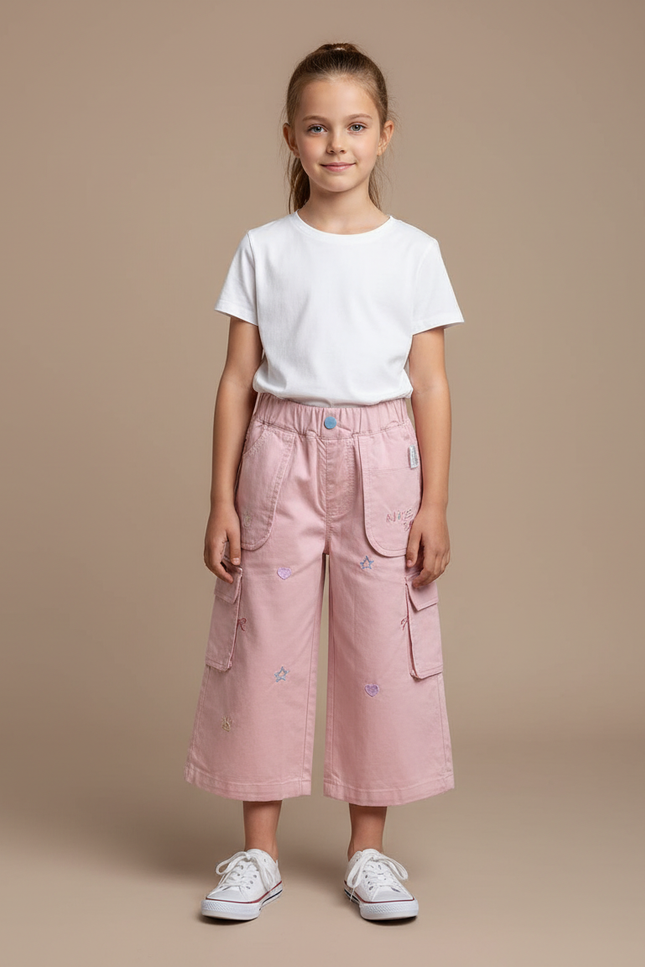 Pantalon Cargo Rose Brodé Ample Fille Enfant - Toile