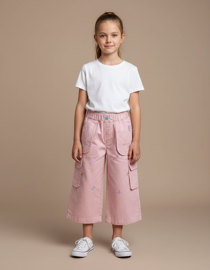 Pantalon Cargo Rose Brodé Ample Fille Enfant - Toile