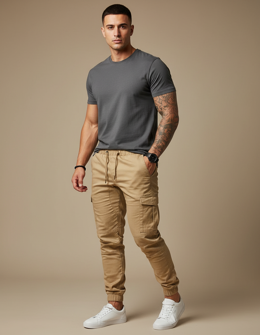 Pantalon Cargo Skinny Homme - Kaki Gabardine