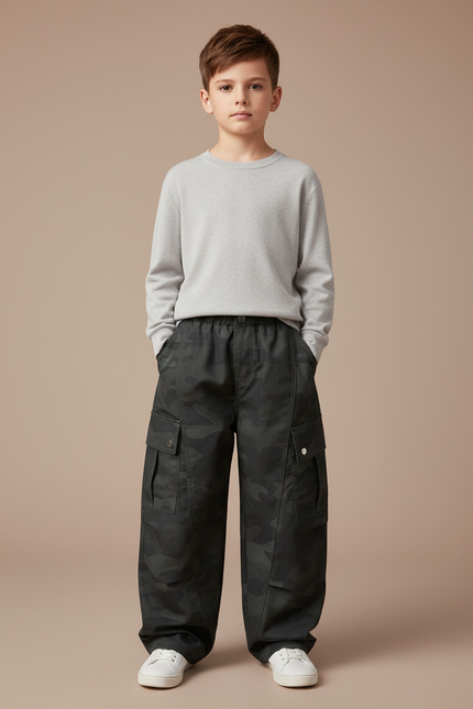 Pantalon Cargo Camouflage Ample Coton Multipoches Garçon - Vert