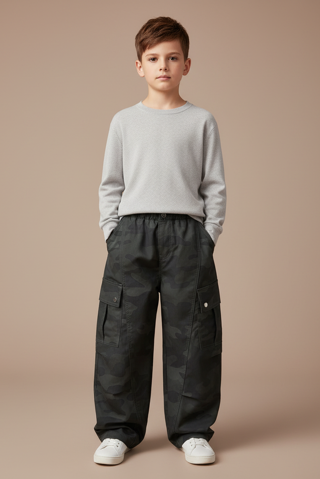 Pantalon Cargo Camouflage Ample Coton Multipoches Garçon - Vert