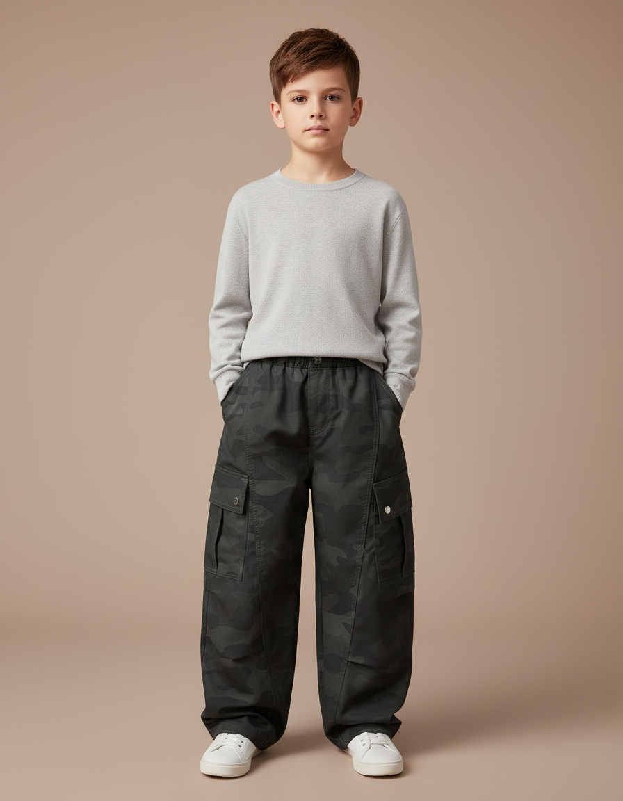Pantalon Cargo Camouflage Ample Coton Multipoches Garçon - Vert