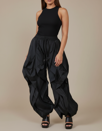 Pantalon Cargo Noir Ample Plissé Taille Haute - Polyester