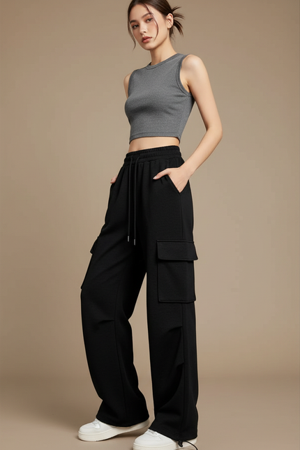 Pantalon Cargo Femme Noir Baggy Coton - Molleton