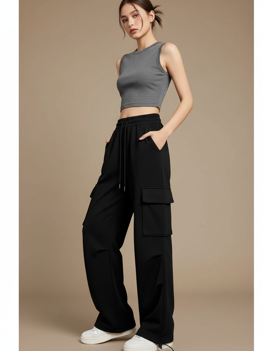 Pantalon Cargo Femme Noir Baggy Coton - Molleton