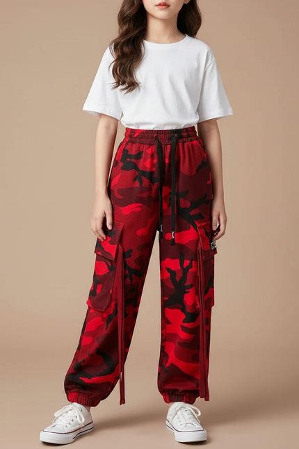 Pantalon Cargo Camouflage Rouge Ample Enfant Décontracté - Molleton