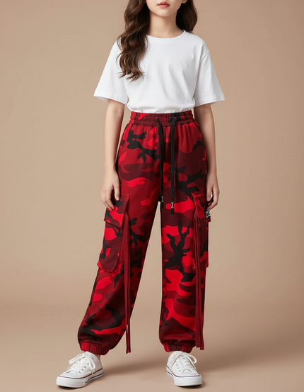Pantalon Cargo Camouflage Rouge Ample Enfant Décontracté - Molleton