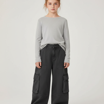 Pantalon Cargo Fille Anthracite Baggy - Gris Jean