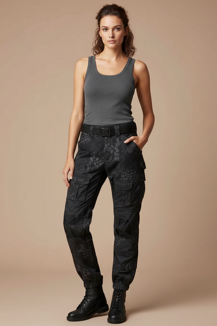 Pantalon Cargo Noir Imprimé Tactique Femme - Toile