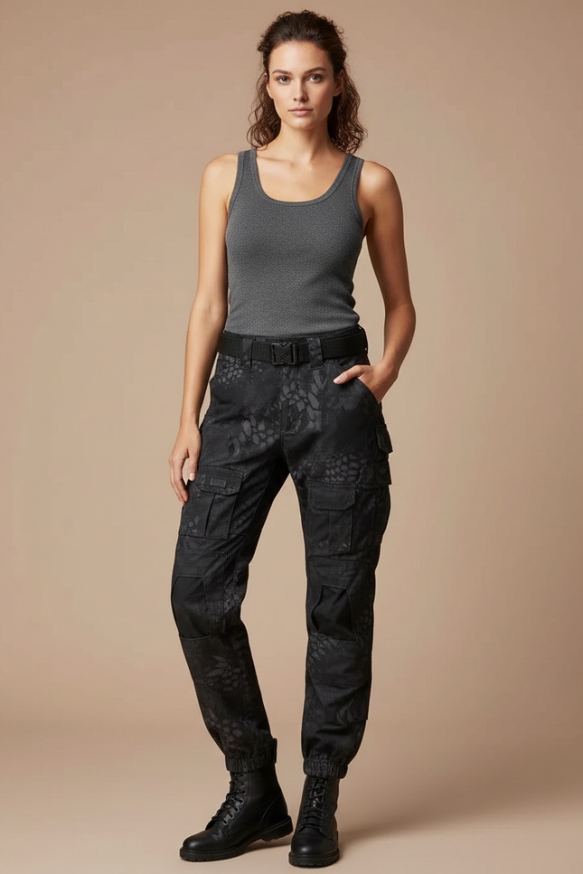 Pantalon Cargo Noir Imprimé Tactique Femme - Toile