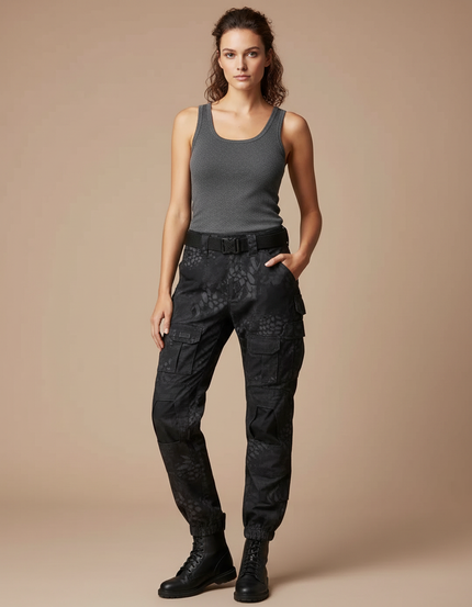 Pantalon Cargo Noir Imprimé Tactique Femme - Toile
