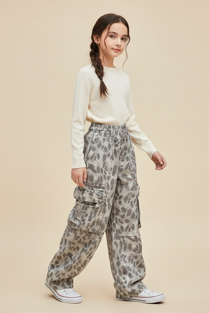 Pantalon Cargo Léopard Gris Ample Fille Multipoches - Toile