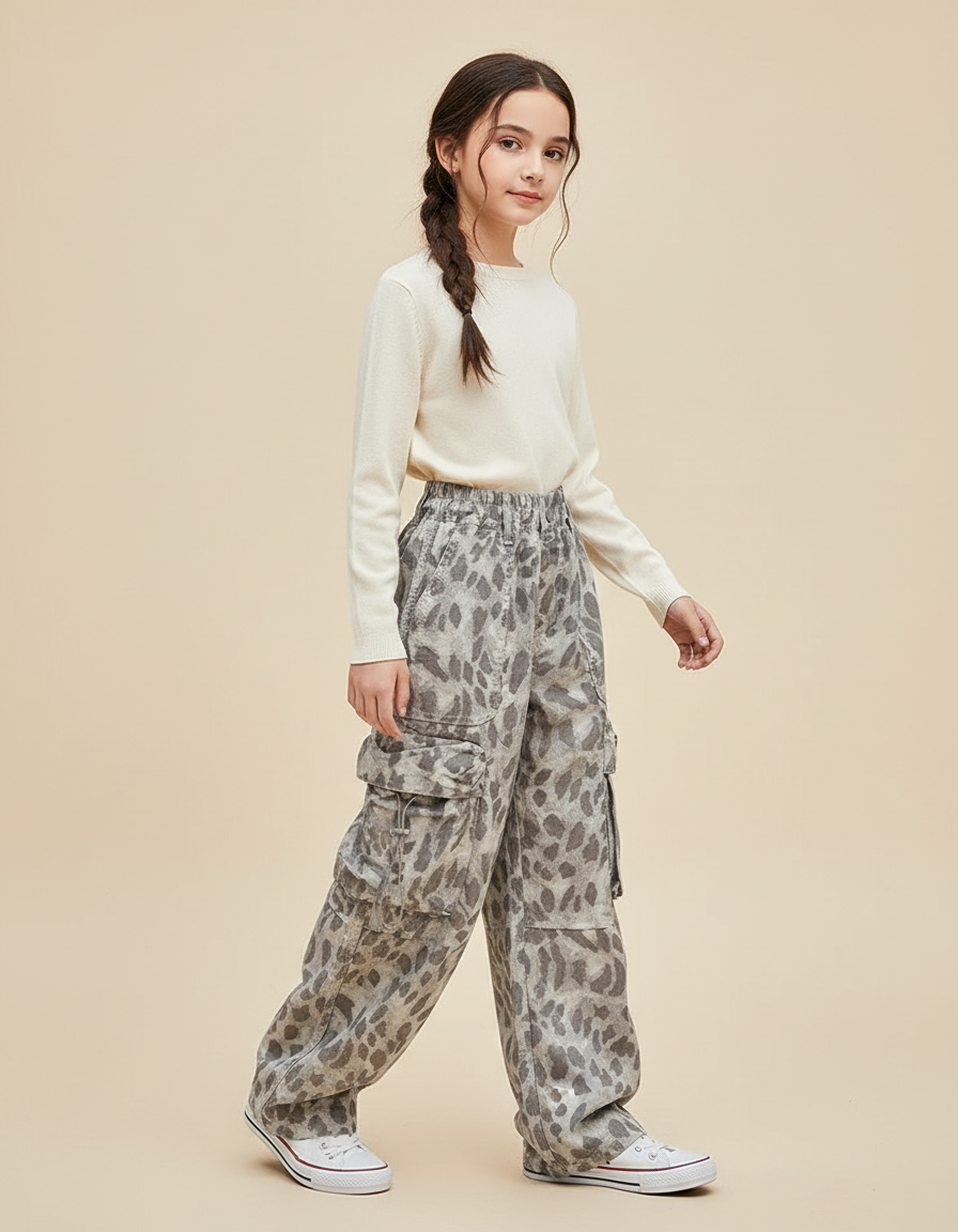 Pantalon Cargo Léopard Gris Ample Fille Multipoches - Toile
