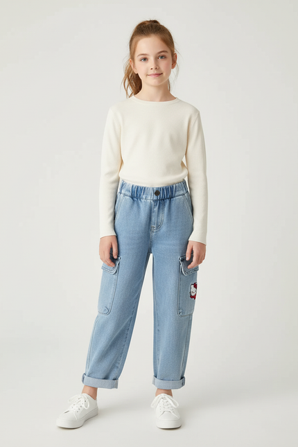 Pantalon Cargo Denim Clair Ample Hello Kitty - Bleu Jean