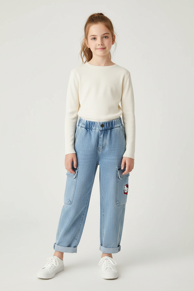 Pantalon Cargo Denim Clair Ample Hello Kitty - Bleu Jean
