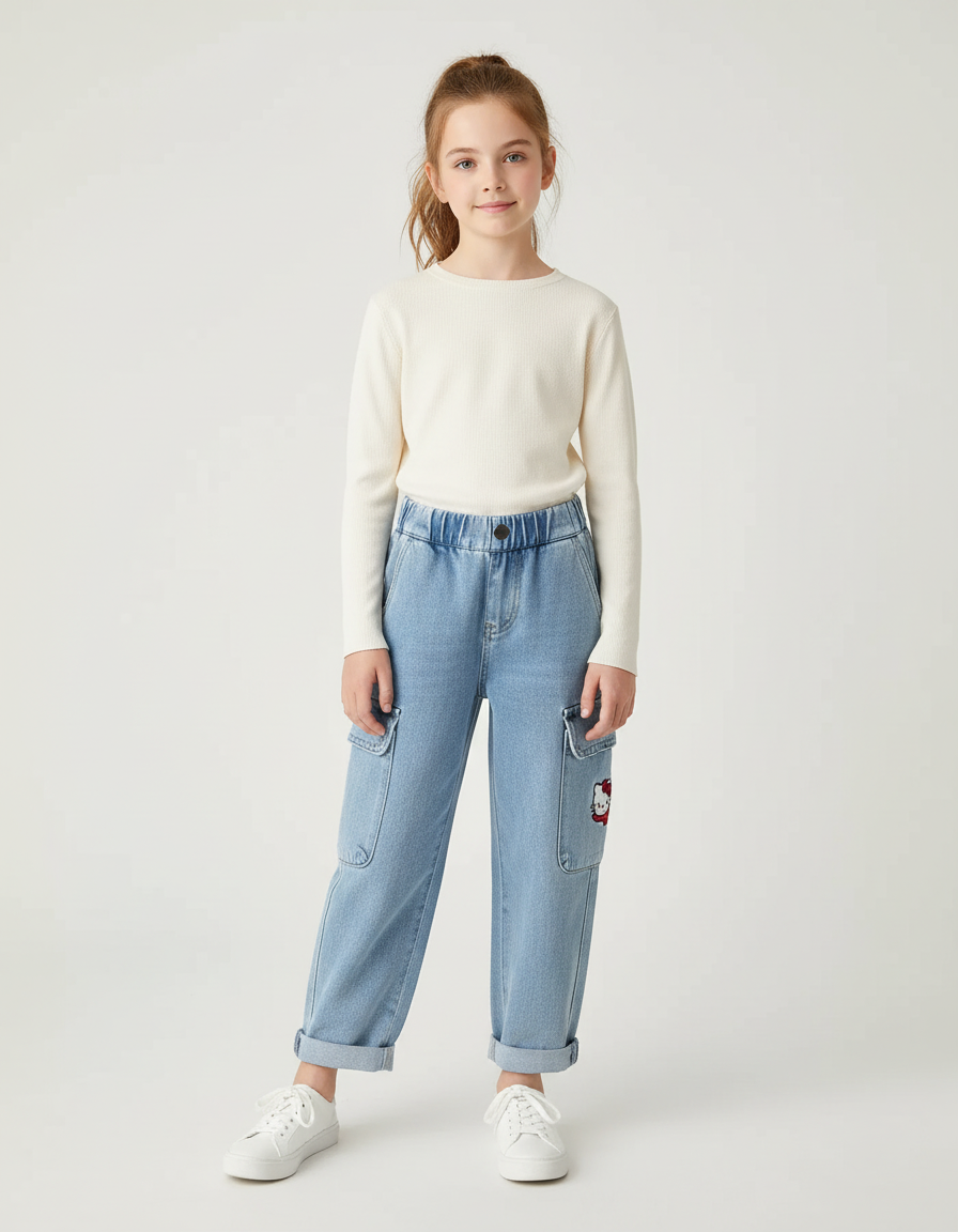 Pantalon Cargo Denim Clair Ample Hello Kitty - Bleu Jean