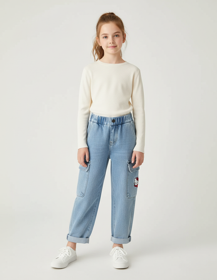 Pantalon Cargo Denim Clair Ample Hello Kitty - Bleu Jean