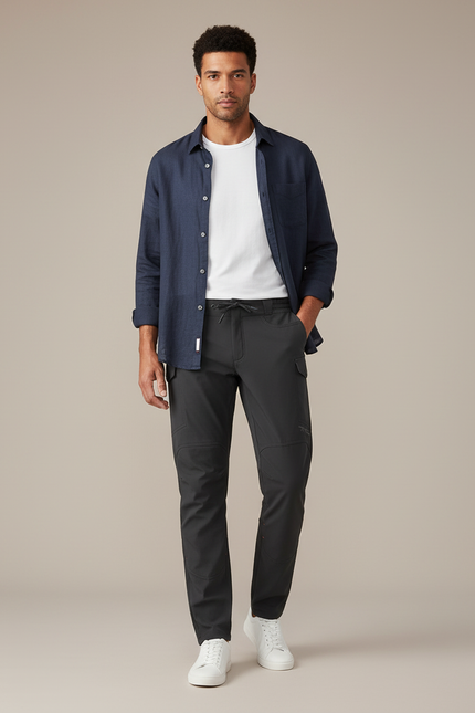 Pantalon Cargo Homme Noir Coupe Droite Décontracté - Gris Polyester