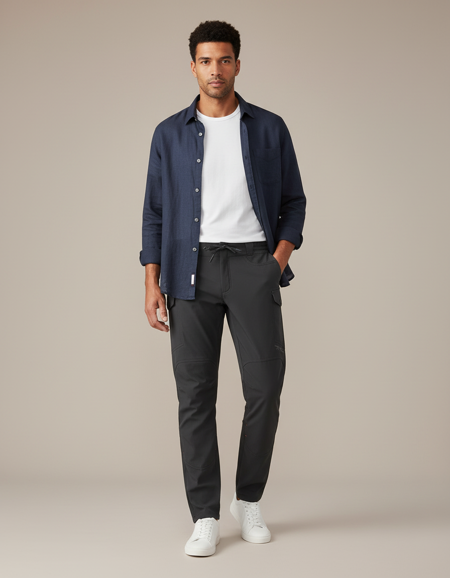 Pantalon Cargo Homme Noir Coupe Droite Décontracté - Gris Polyester