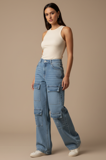 Pantalon Cargo Jean Large Bleu Multipoches Femme
