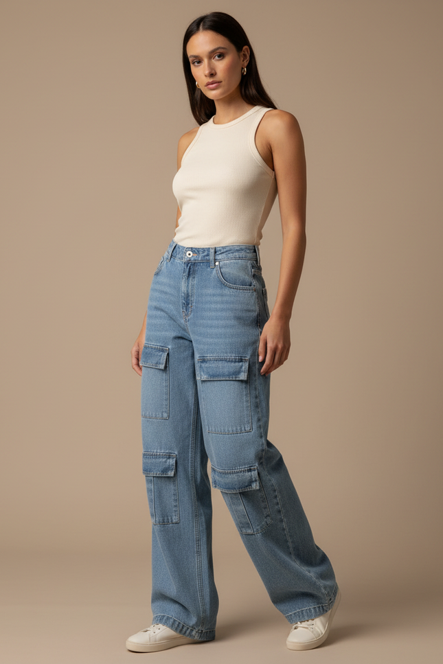 Pantalon Cargo Jean Large Bleu Multipoches Femme