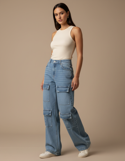 Pantalon Cargo Jean Large Bleu Multipoches Femme