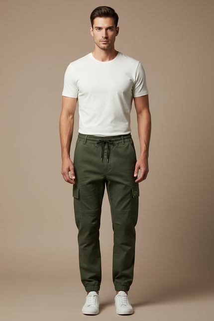 Pantalon Cargo Vert Militaire Coton Jogger Homme - Kaki