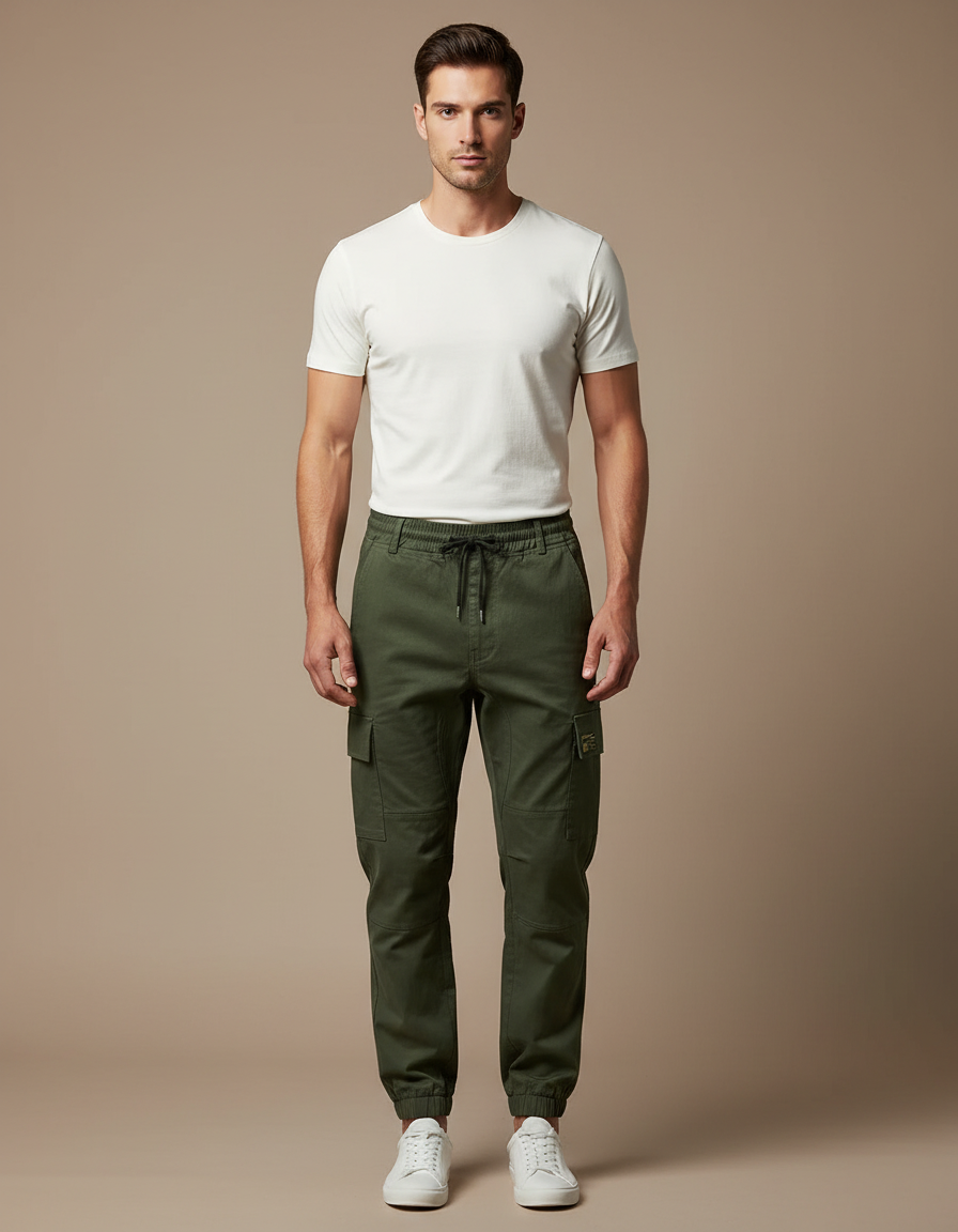 Pantalon Cargo Vert Militaire Coton Jogger Homme - Kaki