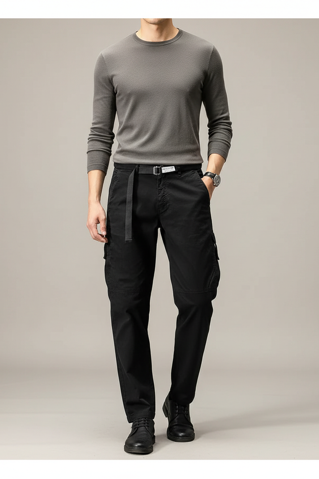 Pantalon Cargo Noir Coton Multipoche Décontracté Homme - Toile