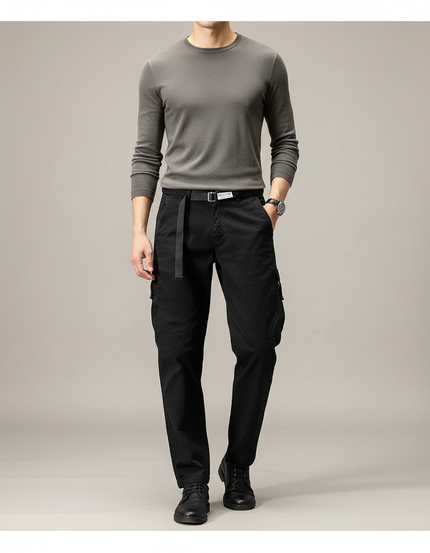 Pantalon Cargo Noir Coton Multipoche Décontracté Homme - Toile