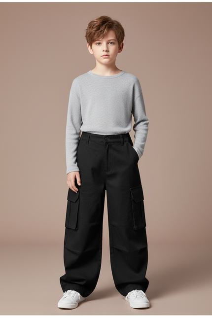 Pantalon Cargo Noir Ample Coton Enfant Garçon - Toile