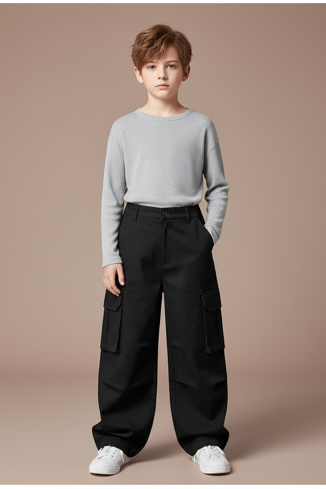 Pantalon Cargo Noir Ample Coton Enfant Garçon - Toile