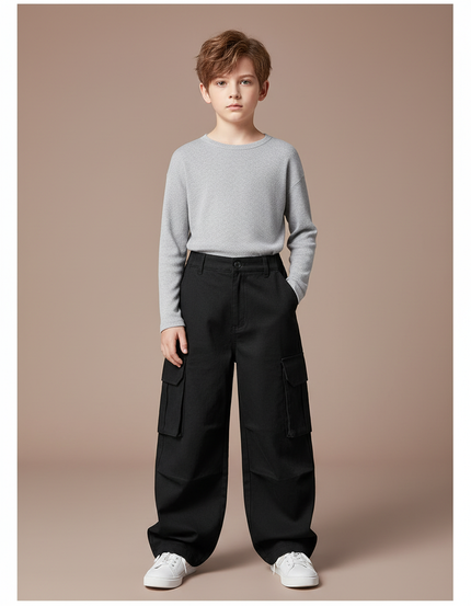 Pantalon Cargo Noir Ample Coton Enfant Garçon - Toile