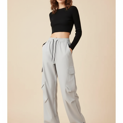 Pantalon Cargo Gris Ample Décontracté Urbain Femme - Simili cuir
