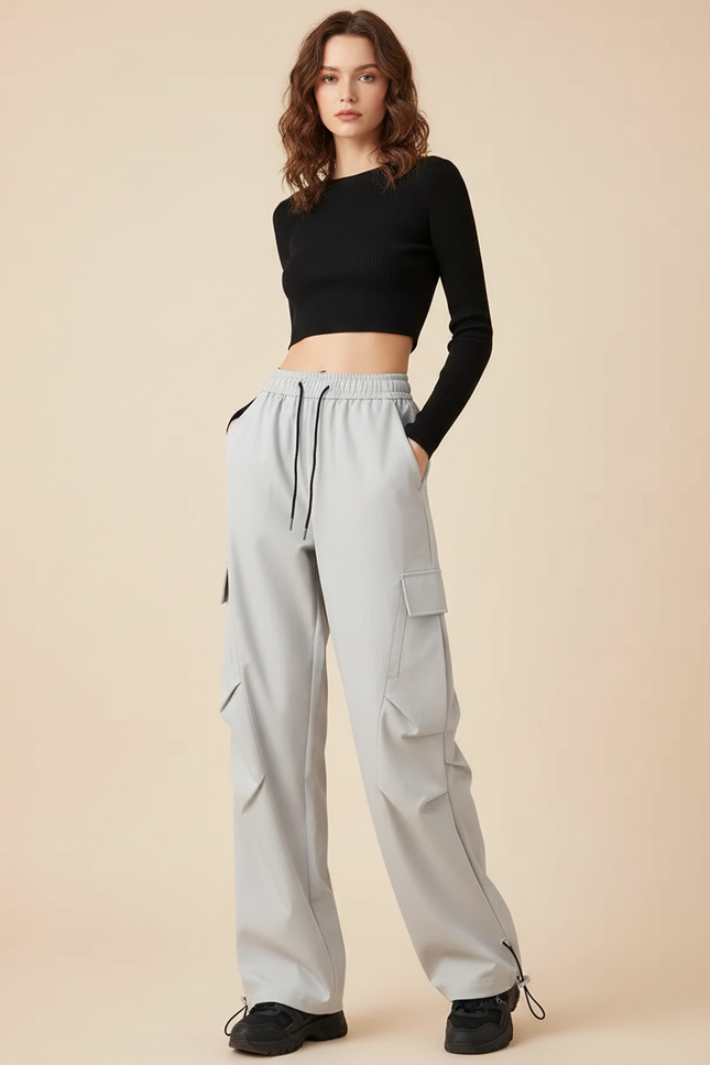 Pantalon Cargo Gris Ample Décontracté Urbain Femme - Simili cuir