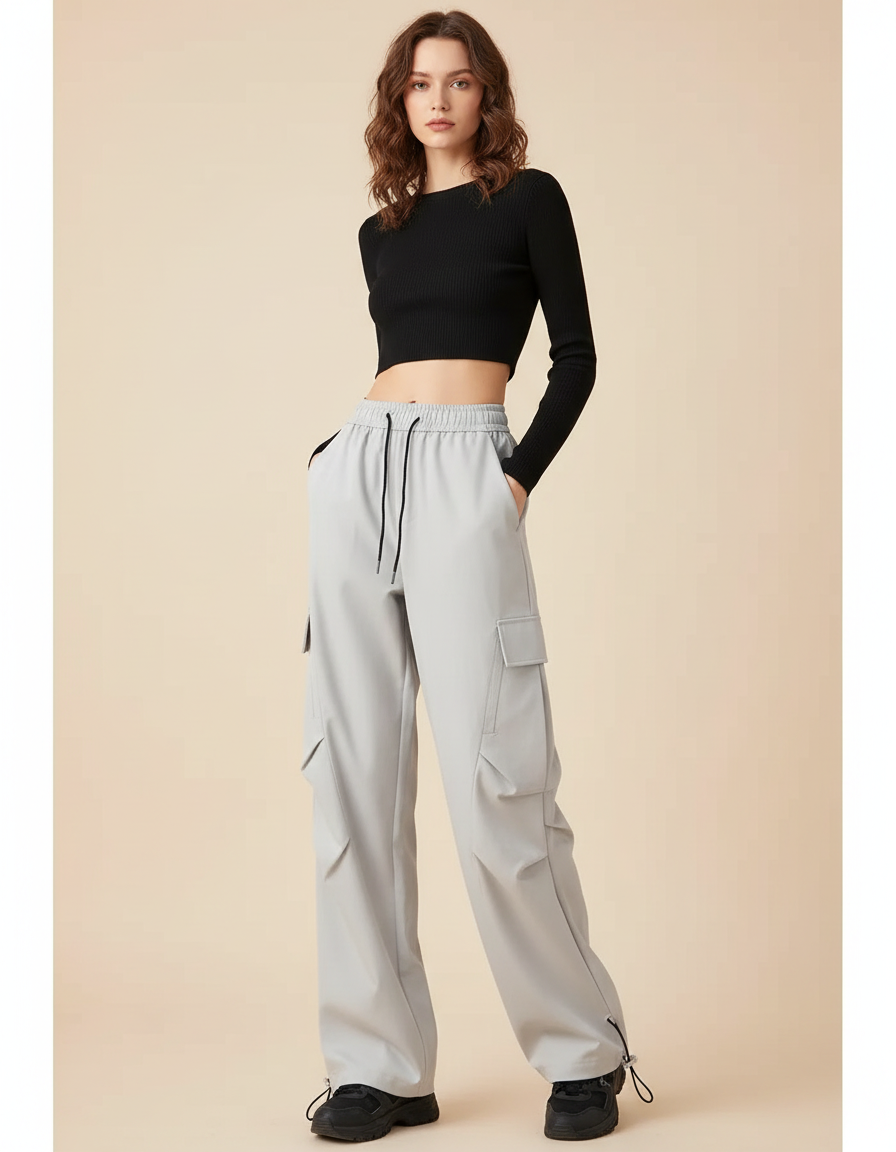 Pantalon Cargo Gris Ample Décontracté Urbain Femme - Simili cuir